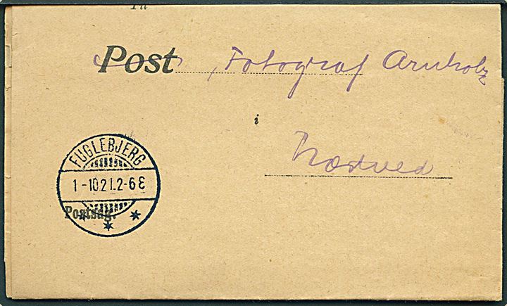Ufrankeret postsag fra Fuglebjerg Postkontor d. 1.10.1921 vedr. uanbringelig brev med opkrævning. P.Form. No. 8 (17/2 21).