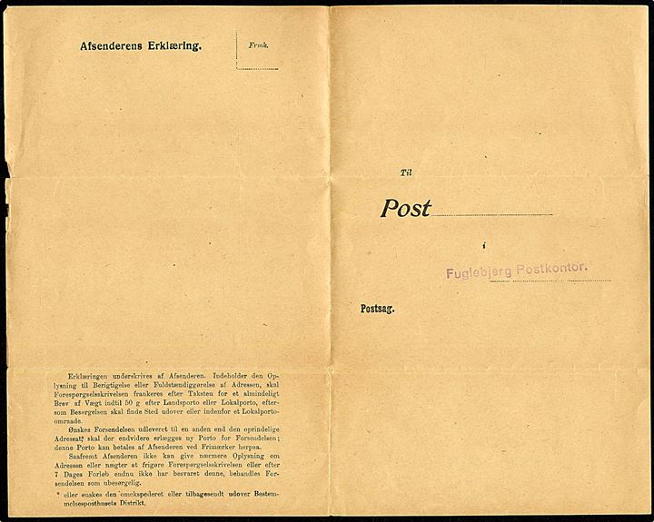 Ufrankeret postsag fra Fuglebjerg Postkontor d. 1.10.1921 vedr. uanbringelig brev med opkrævning. P.Form. No. 8 (17/2 21).