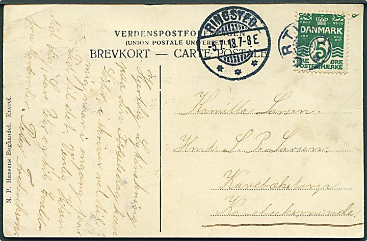 5 øre Bølgelinie på brevkort annulleret med stjernestempel ORTVED og sidestemplet Ringsted d. 5.7.1913 til Karrebækstorp pr. Karrebæksminde.
