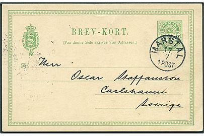 5 øre Våben helsagsbrevkort annulleret med lapidar Marstal d. 17.7.1896 til Carlshamn, Sverige.