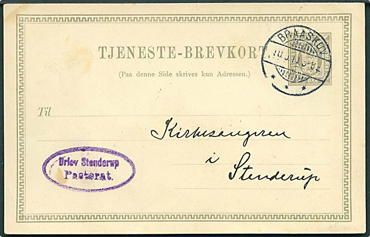 3 øre lokalt tjenestebrevkort dateret Urlev stemplet Braaskov d. 10.5.1911 til Stenderup.