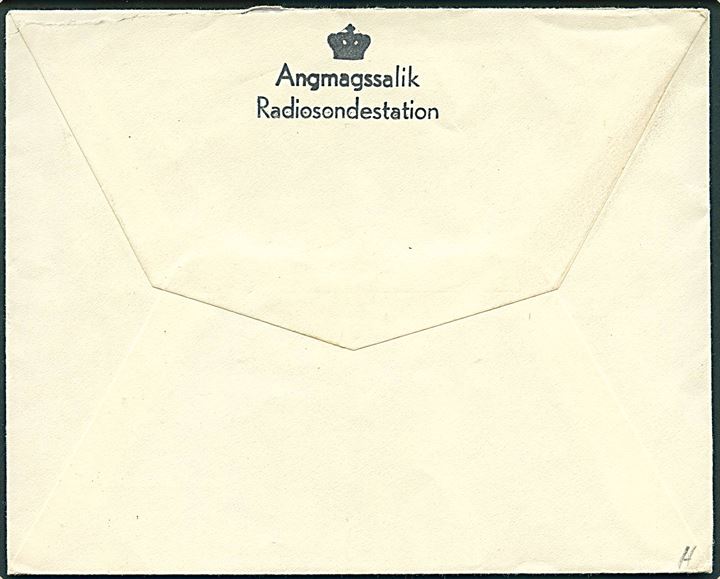 1 øre Fr. IX (10-blok) og 10 øre Chr. X i parstykke på brev fra Angmagssalik d. 6.7.1958 til Meteorologisk Institut, Charlottenlund. På bagsiden stemplet (krone) Angmagssalik Radiosondestation.