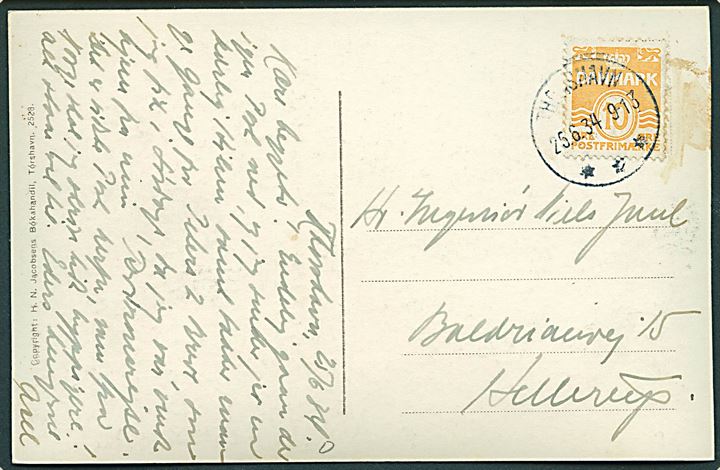 10 øre Bølgelinie på brevkort (Klippe på Store Dimon) annulleret med brotype IIIc Thorshavn d. 25.6.1934 til Hellerup.