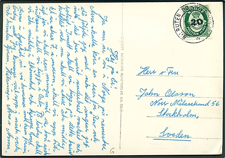 20/15 øre Provisorium på brevkort (Morgedal Turisthotel, Telemarken) annulleret med bureaustempel Bilruten Bø - Ytre Vinje d. 9.7.1953 til Stockholm, Sverige.
