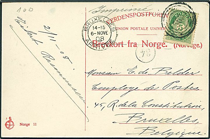 5 øre Posthorn på brevkort (Tromsø, Fra Lyngenfjord) sendt som tryksag d. 2.11.1908 og annulleret med 4-ringsstempel 563 (Sejlende bureau Hjælsetruten) til Bruxelles, Belgien.
