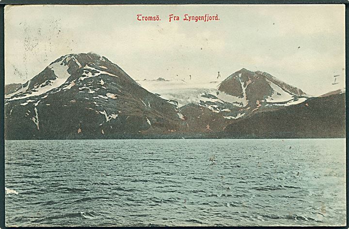 5 øre Posthorn på brevkort (Tromsø, Fra Lyngenfjord) sendt som tryksag d. 2.11.1908 og annulleret med 4-ringsstempel 563 (Sejlende bureau Hjælsetruten) til Bruxelles, Belgien.