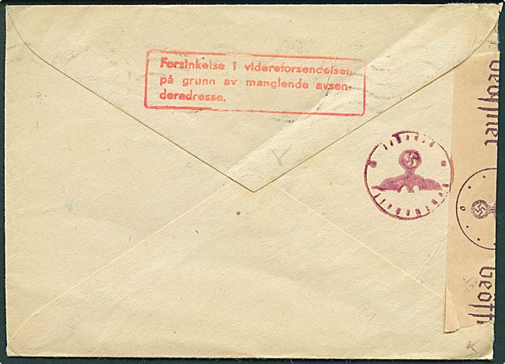 7 øre Posthorn (3 - ene defekt) på brev fra Drammen d. 31.3.1945 til Göteborg, Sverige. Åbnet af tysk censur i Oslo med rødt stempel Forsinkelse i videreforsendelsen på grunn av manglende avsenderadresse..
