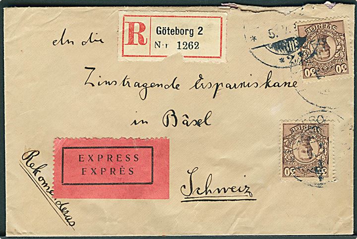 30 öre Gustaf (2) på anbefalet ekspresbrev fra Göteborg d. 5.5.191? til Basel, Schweiz. Bagklap revet.