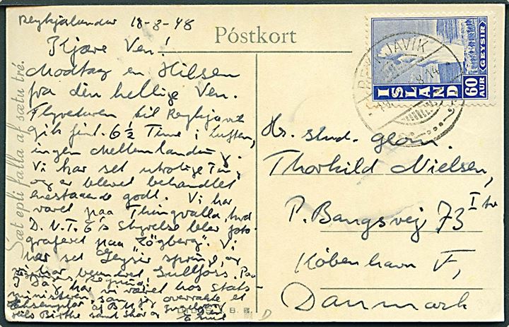 60 aur Geysir på brevkort fra Reykjavik d. 19.8.1948 til København, Danmark.