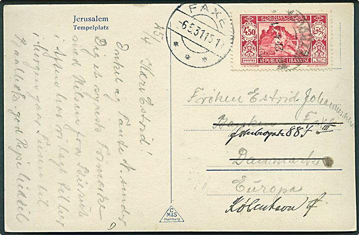 4,50 p. på brevkort (Tempelpladsen i Jerusalem) stemplet Beyrouth d. 27.4.1931 til Fakse, Danmark - eftersendt til København med brotype IIc Faxe d. 6.5.1931.