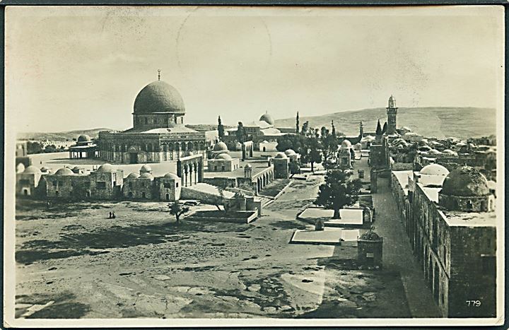4,50 p. på brevkort (Tempelpladsen i Jerusalem) stemplet Beyrouth d. 27.4.1931 til Fakse, Danmark - eftersendt til København med brotype IIc Faxe d. 6.5.1931.