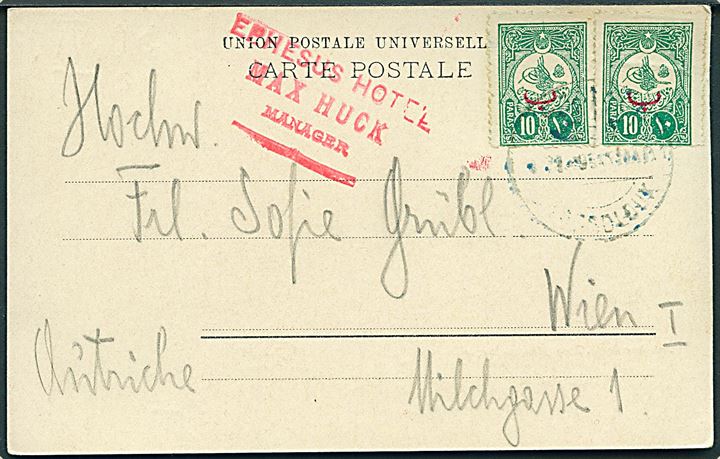 10 para (2) på brevkort annulleret med svagt stempel og sidestemplet ved Ephesus Hotel til Wien, Østrig.