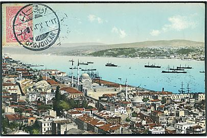20 para på billedside af brevkort (Constantinopel) stemplet Okdjoular 1911 til København, Danmark. 