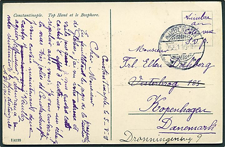 20 para på billedside af brevkort (Constantinopel) stemplet Okdjoular 1911 til København, Danmark. 