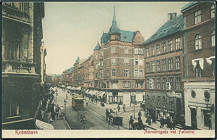 Nørrebrogade ved Fælledvej med sporvogn, København. Alex Vincents no. 349. 