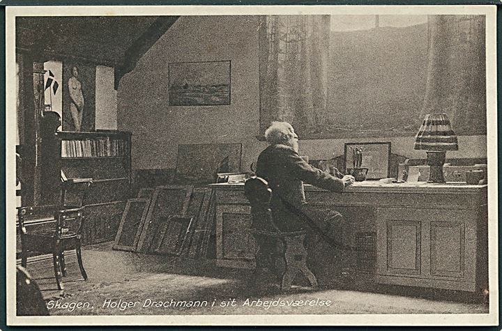 Holger Drachmann i sit arbejdsværelse, Skagen. Einer Nielsens Boghandel no. c 70. 