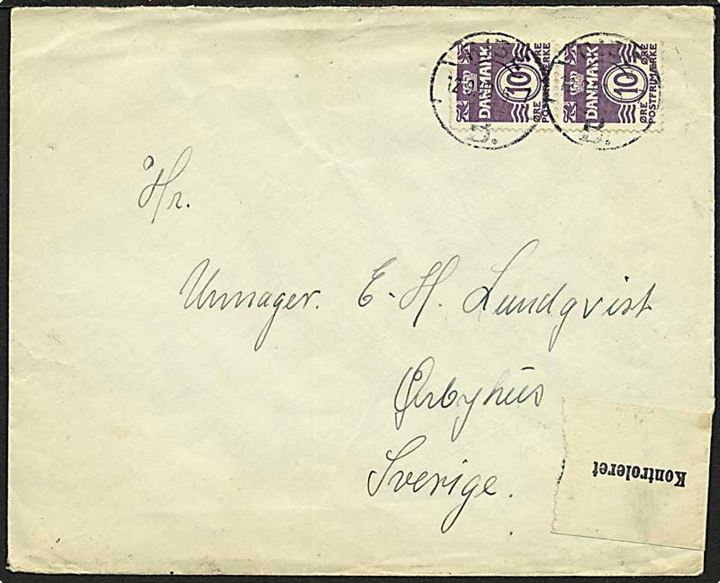 10 øre Bølgelinie i parstykke på brev stemplet Ribe B. d. 12.9.1940 til Ørbyhus, Sverige. Åbnet af dansk censur.