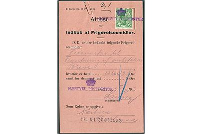 5 øre Chr. X annulleret med kontorstempel (Krone) / Næstved Postkontor på Attest for Indkøb af Frigørelsesmidler F. Form. Nr. 43 (1/7 1919) dateret d. 5.12.1919.
