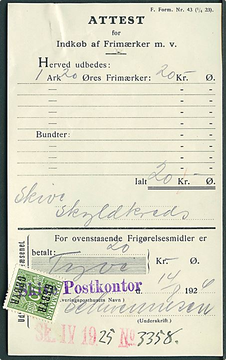 10 øre Gebyr-provisorium annulleret med kontorstempel Skive Postkontor på Attest for Indkøb af Frimærker m.v.  F. Form. Nr. 43 (1/4 23) 