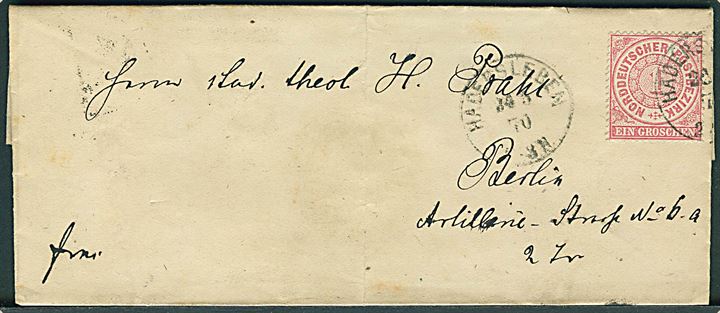 NDP 1 gr. på brev annulleret med enringsstempel Hadersleben d. 23.5.1870 til Berlin.