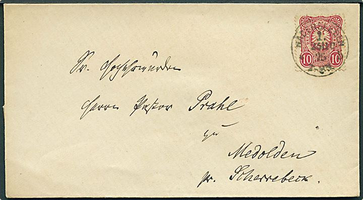 10 pfg. Pfennige udg. på brev annulleret med enringsstempel Hadersleben 1. *b d. 25.10.1875 til Medolden pr. Scherrebeck.