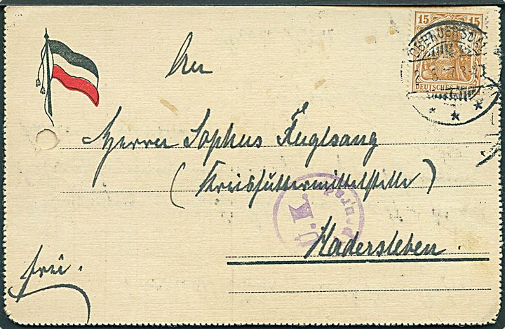 15 pfg. Germania på korrespondancekort annulleret Oberjersdal d. 20.3.1917 til Haderslev. Violet censurstempel Ü. K. Apenrade. Arkivhul.
