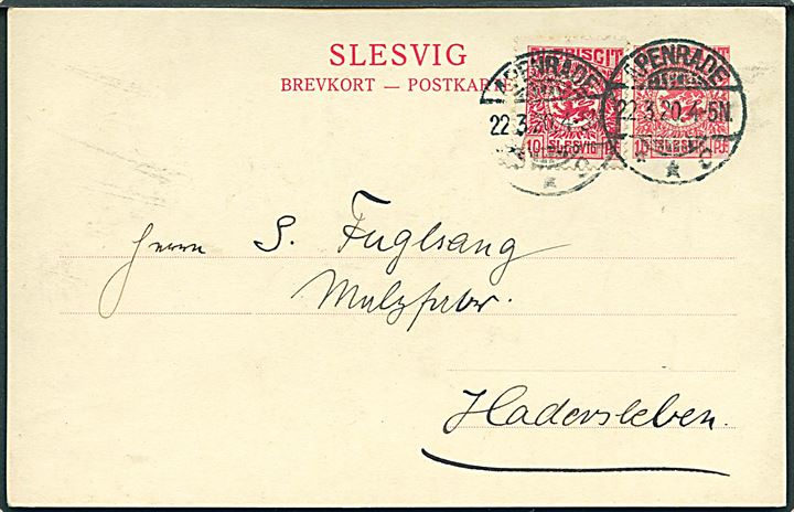 10 pfg. Fælles udg. helsagsbrevkort opfrankeret med 10 pfg. Fælles udg. stemplet Apenrade **C d. 22.3.1920 til Hadersleben.