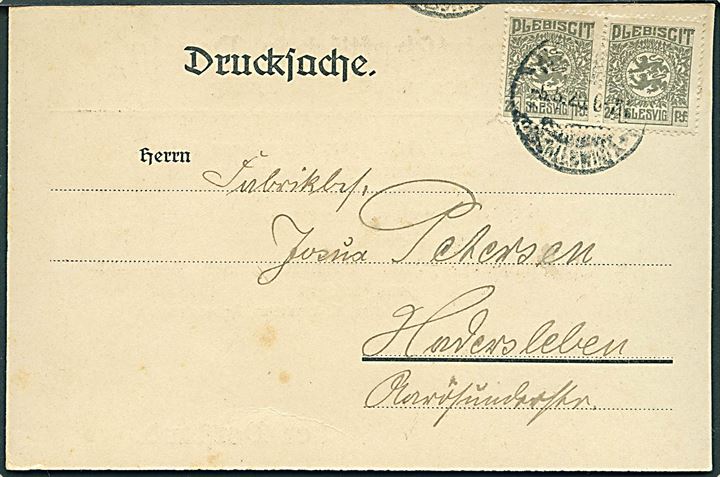 2½ pfg. Fælles udg. i parstykke på tryksags-brevkort sendt lokalt i Hadersleben d. 5.5.1920.