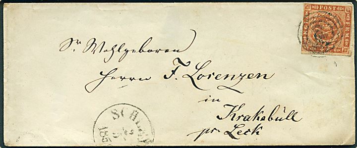 4 sk. 1858 udg. på brev annulleret med nr.stempel 2 (Hamburg) og sidestemplet Schleswig d. 2.5.185x til Krakebüll pr. Leck.