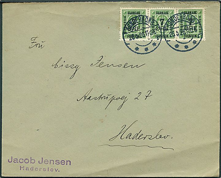 7/10 øre Porvisorium i 3-stribe på brev fra Sønderborg d. 26.5.1926 til Haderslev.