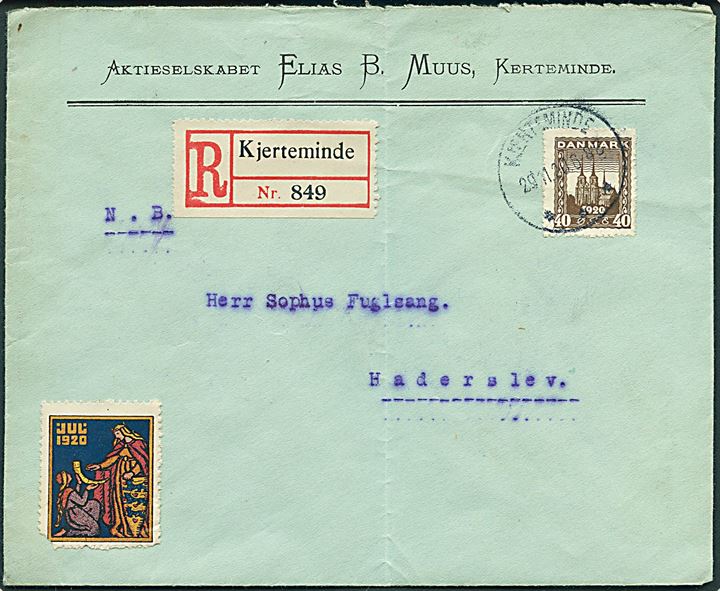 40 øre Genforening single på anbefalet brev fra Kjerteminde d. 29.11.1920 til Haderslev. Påsat Julemærke 1920 (defekt). Fold.