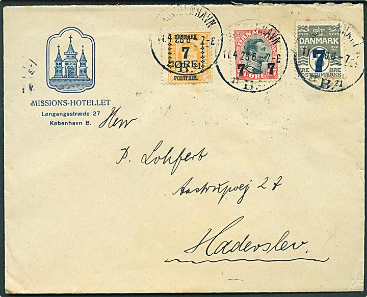 7/1 øre, 7/8 øre og 7/27 øre Provisorium på illustreret kuvert fra Missions-Hotellet i Kjøbenhavn d. 11.4.1926 til Haderslev.