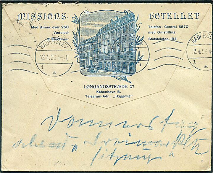 7/1 øre, 7/8 øre og 7/27 øre Provisorium på illustreret kuvert fra Missions-Hotellet i Kjøbenhavn d. 11.4.1926 til Haderslev.