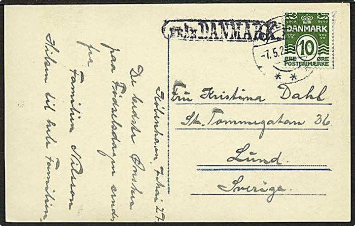 10 øre Bølgelinie på brevkort (København, Rådhuspladsen med sporvogne) annulleret med svensk stempel Malmö d. 7.5.1927 og sidestemplet Från Danmark til Lund, Sverige.