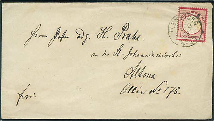 1 gr. Stort Brystskjold single på brev annulleret med enringsstempel Flensburg d. 16.8.1873 til Altona.
