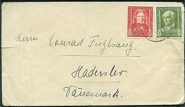 10+5 pfg. og 20+10 pfg. Velgørenhed på brev annulleret med svagt stempel i Stadthagen ca. 1949 til Haderslev, Danmark. Høj mærkepris.