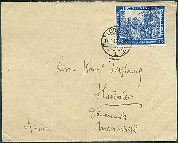 75 pfg. Leipziger Messe 1947 på brev fra Lübeck d. 17.10.1947 til Haderslev, Danmark.