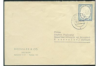 40 pfg. v. Schiller single på brev fra Bremen d. 10.6.1955 til Haderslev, Danmark.