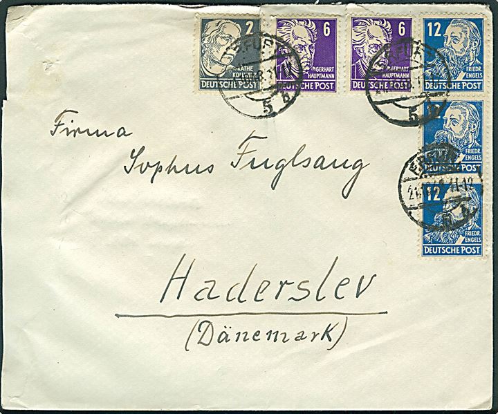 2 pfg. Kollwitz, 6 pfg. Hauptmann (2) og 12 pfg. Engals (3) på brev fra Erfurt d. 21.10.1948 til Haderslev, Danmark. På bagsiden censur fra den russiske zone.