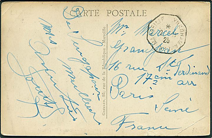 20 c. på billedsiden af brevkort (Landsby på Ceylon) annulleret med skibsstempel Marseille Yokohama No. 7 d. 2.11.1925 til Paris, Frankrig.