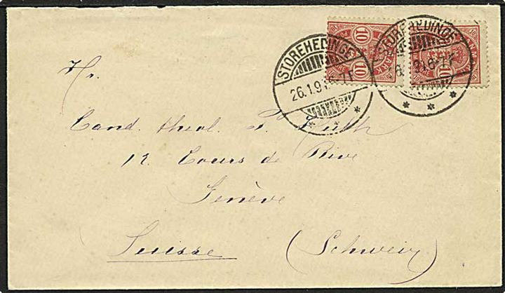 10 øre Våbentype (2) på brev fra Storehedinge d. 26.1.1894 til Genéve, Schweiz.