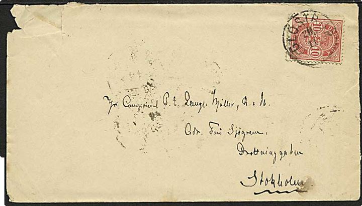 10 øre Våbentype single på brev annulleret med lapidar stempel Glostrup d. 20.11.1889 via København til Stockholm, Sverige. Kuvert mgl. øvre venstre hjørne.