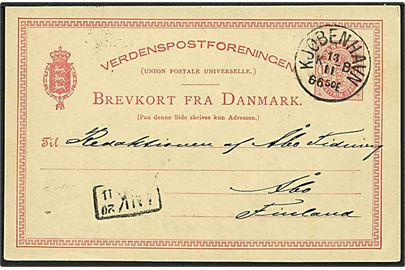 10 øre Våbentype helsagsbrevkort annulleret med lapidar stempel Kjøbenhavn KB d. 13.11.1885 via Stockholm til Åbo, Finland.