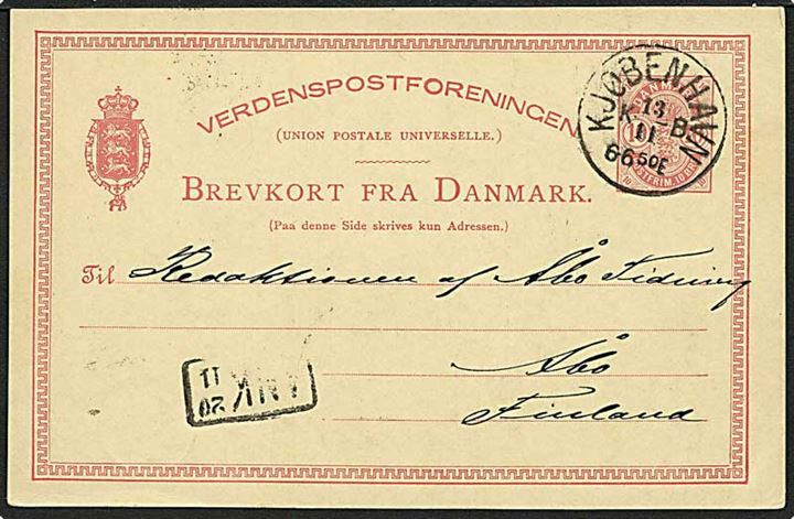 10 øre Våbentype helsagsbrevkort annulleret med lapidar stempel Kjøbenhavn KB d. 13.11.1885 via Stockholm til Åbo, Finland.