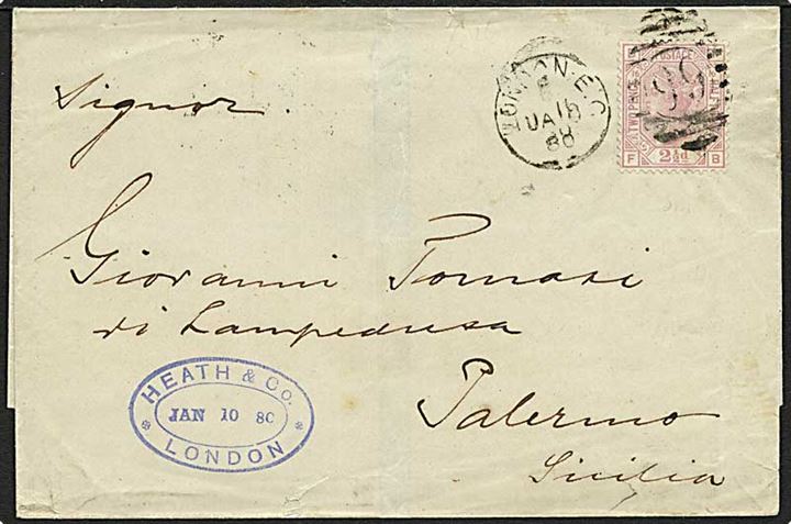 2½d Victoria single på brev fra London d. 18.1.1880 til Palermo, Italien.