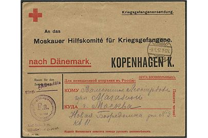 Ufrankeret fortrykt prigsfangekuvert fra russisk krigsfange i Crefeld d. 9.1.1917 til Moskauer Hilfscomité i København, Danmark. Lejrcensur.