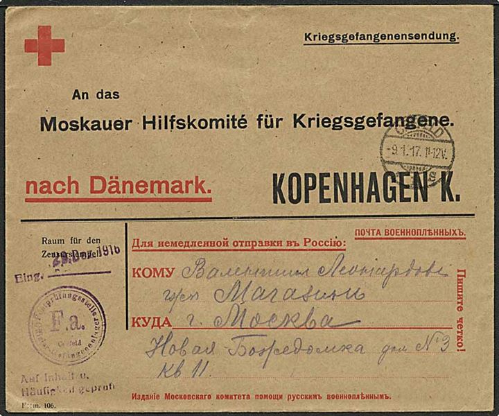 Ufrankeret fortrykt prigsfangekuvert fra russisk krigsfange i Crefeld d. 9.1.1917 til Moskauer Hilfscomité i København, Danmark. Lejrcensur.