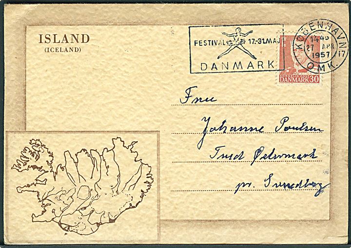 Billedmappe med prospekter fra Island. S.I.B.S. u/no. Frankeret med dansk 30 øre Fr. IX stemplet København d. 27.4.1957 til Svendborg. Skrevet ombord på M/S Gullfoss.