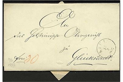 1857. Ufrankeret tjenestebrev fra Kiel d. 16.3.1857 til Glückstadt. På bagsiden stort kongeligt papirsegl. Signeret Carl H. Lange