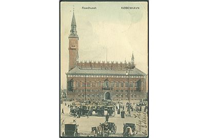 København, Raadhuspladsen med sporvogne og hestetrukne omnibusser. Stenders no. 596.